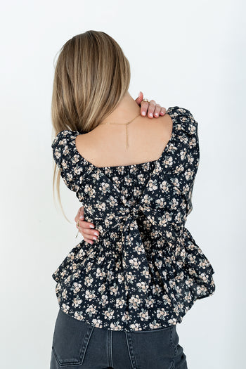 Jerzey Floral Peplum Blouse in Black - FINAL SALE