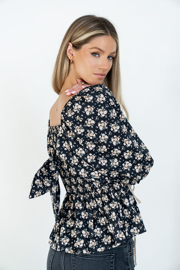 Jerzey Floral Peplum Blouse in Black - FINAL SALE