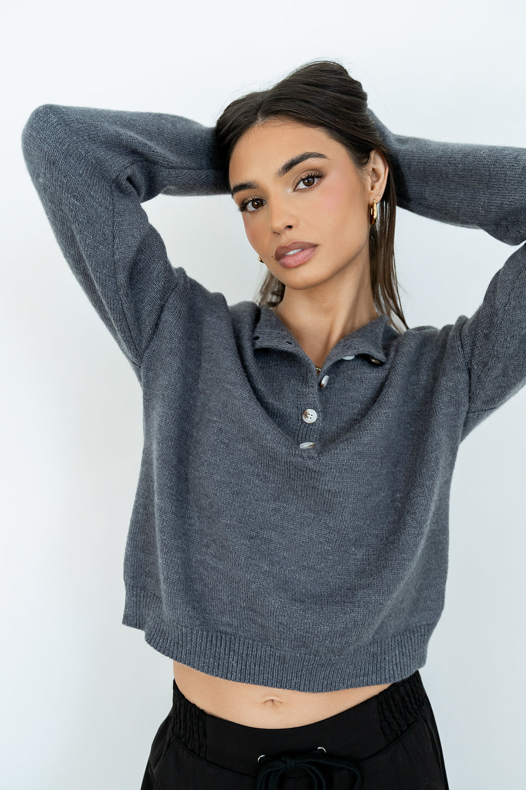 Meli Button Front Knit Sweater in Grey - FINAL SALE