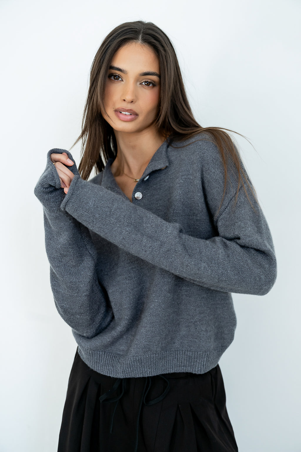 Meli Button Front Knit Sweater in Grey - FINAL SALE
