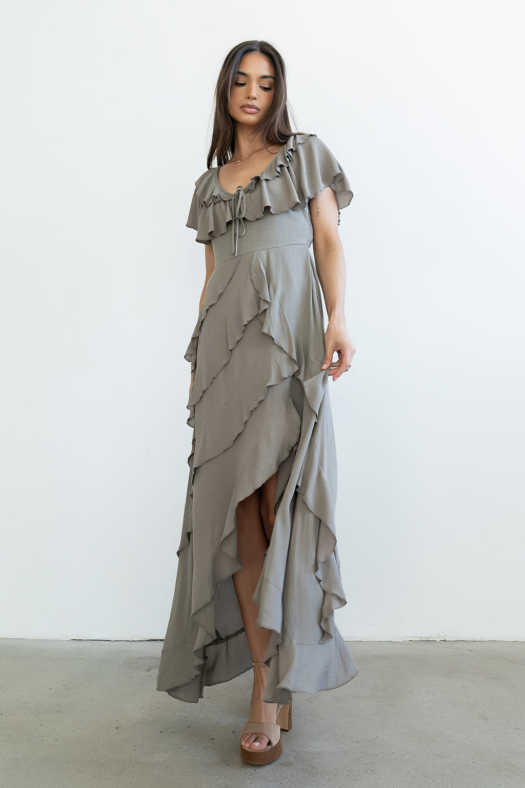 Kora Ruffle Maxi Dress in Olive