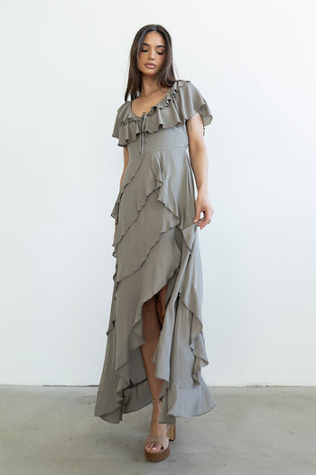 Kora Ruffle Maxi Dress in Olive