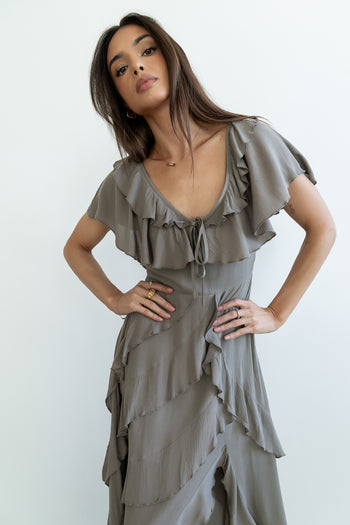 Kora Ruffle Maxi Dress in Olive