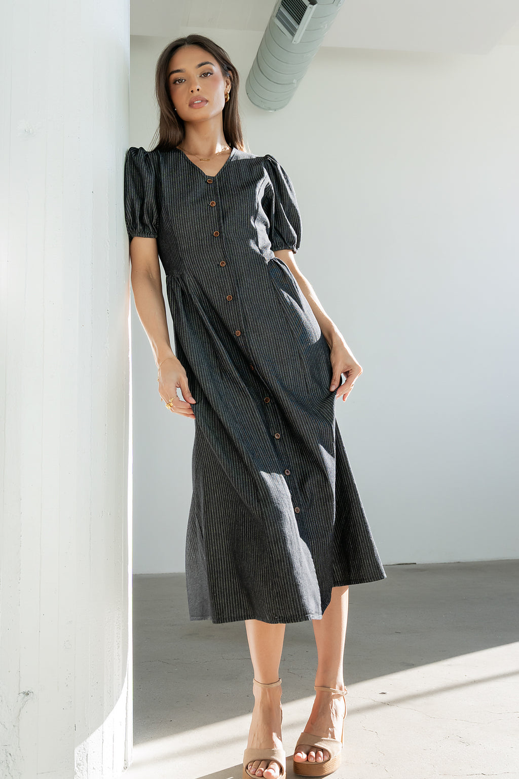 Conley Pinstripe Midi Dress in Black Conley Pinstripe Midi Dress in Black