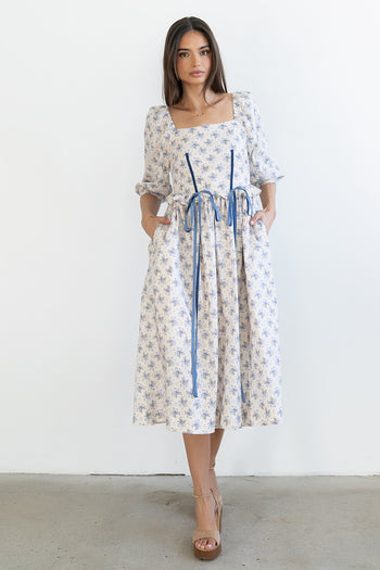 Gloria Floral Midi Dress in Ecru