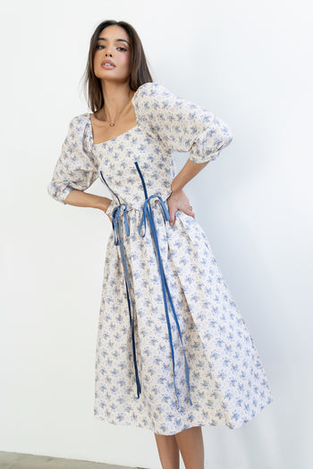 Gloria Floral Midi Dress in Ecru