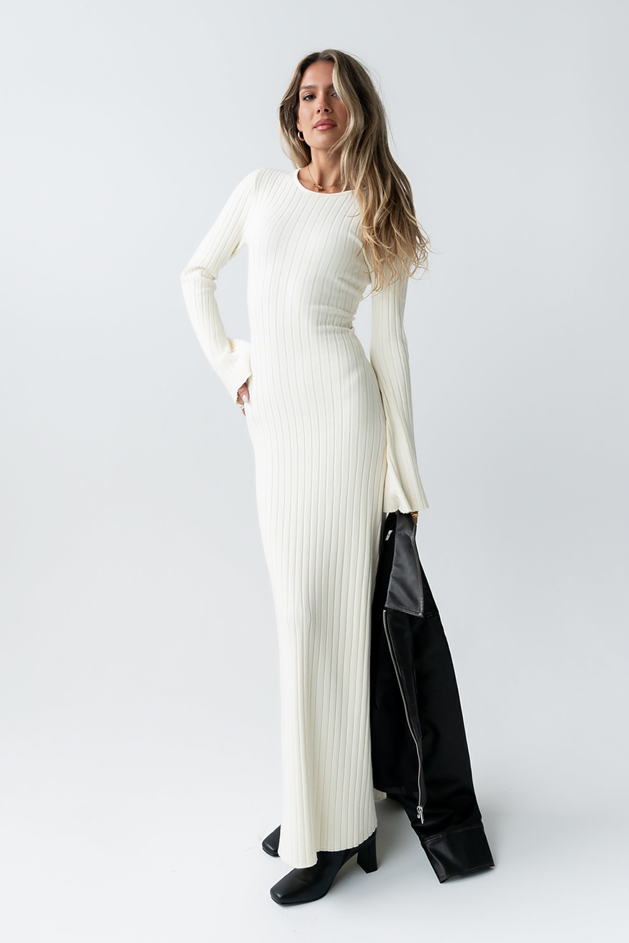 open lace back dress Janet Ribbed Maxi Dress in Ivory