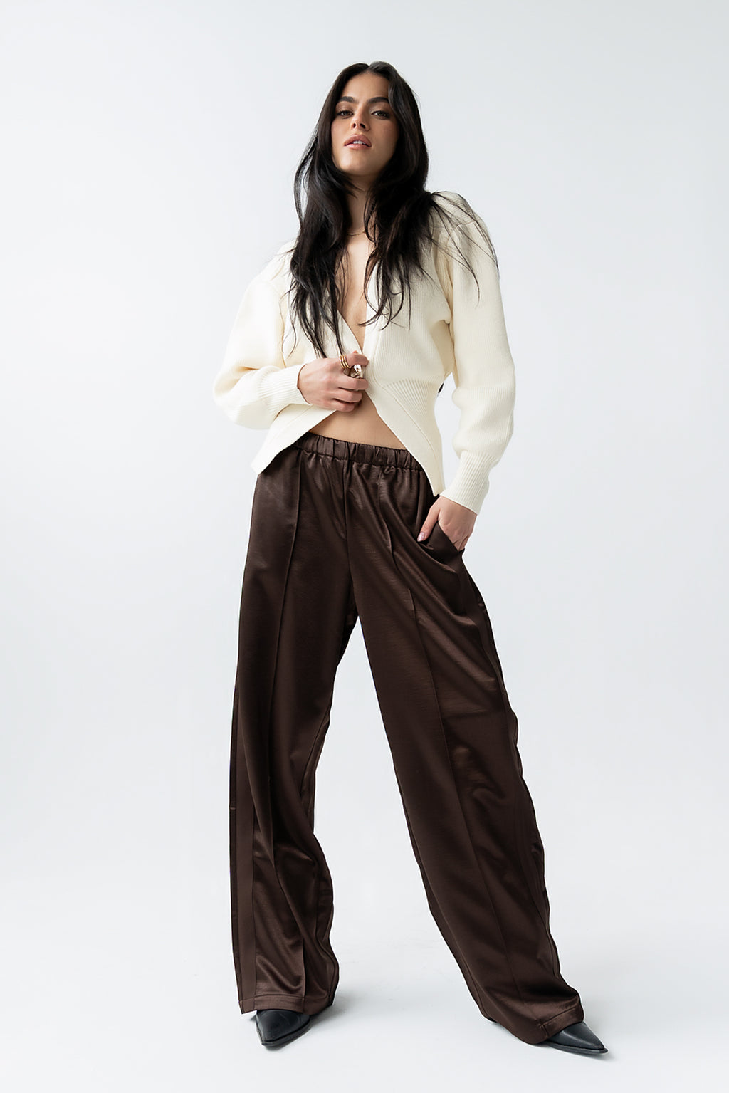 Gemma Satin Wide Leg Pants in Brown