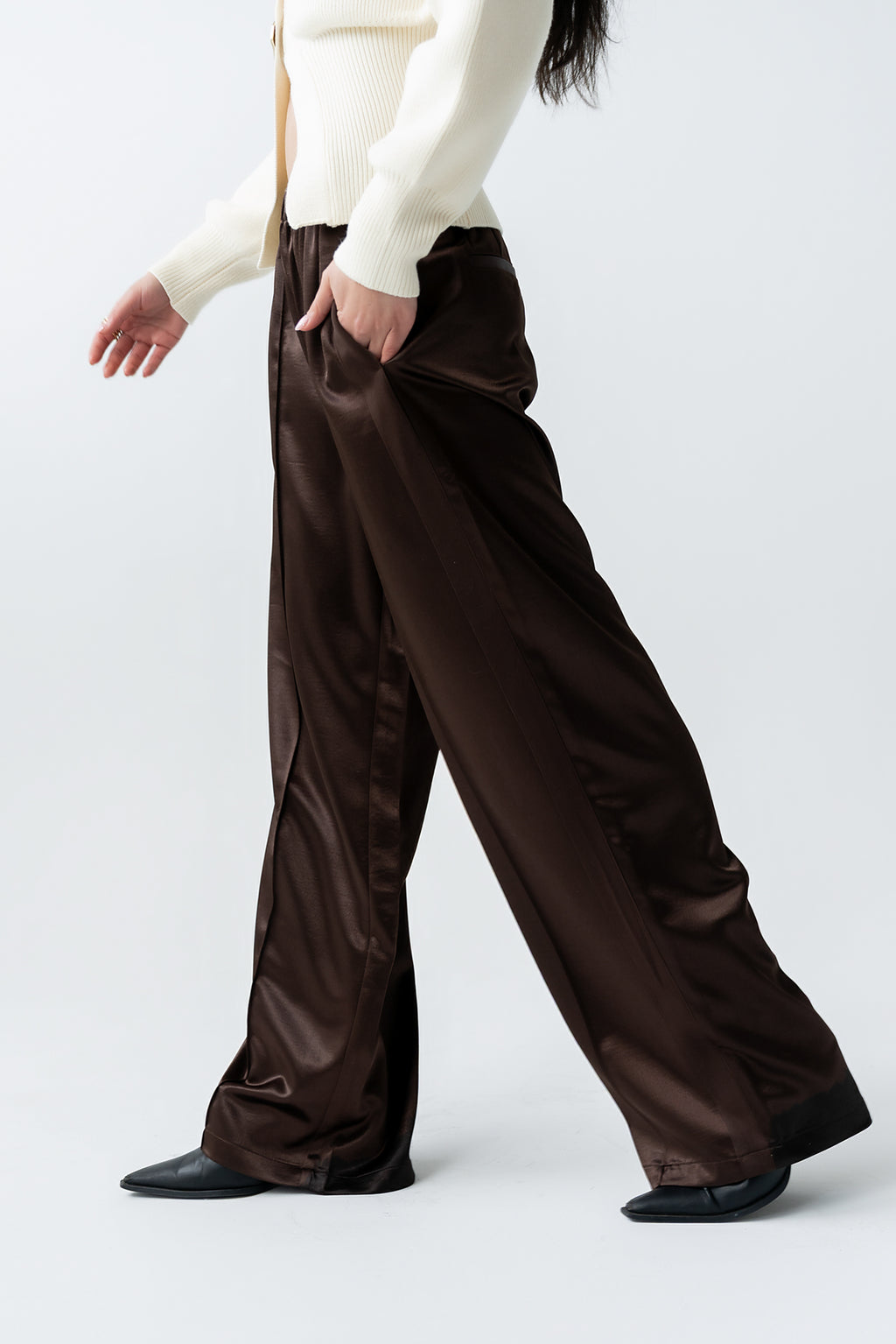 Gemma Satin Wide Leg Pants in Brown