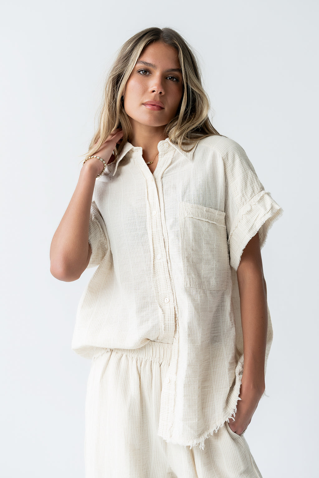 Belen Striped Button Up in Taupe - FINAL SALE