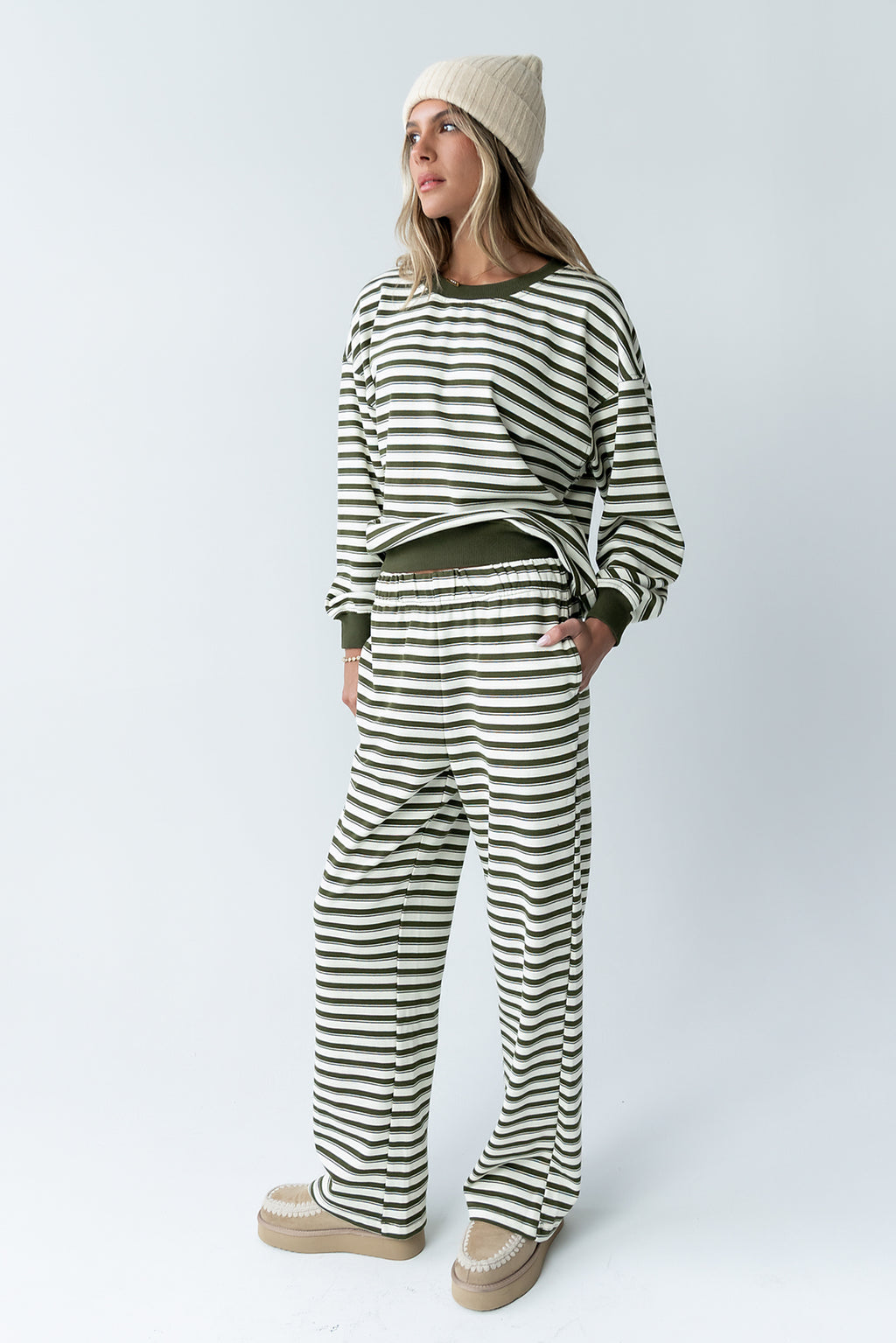 Taya Striped Wide Leg Pants in Olive