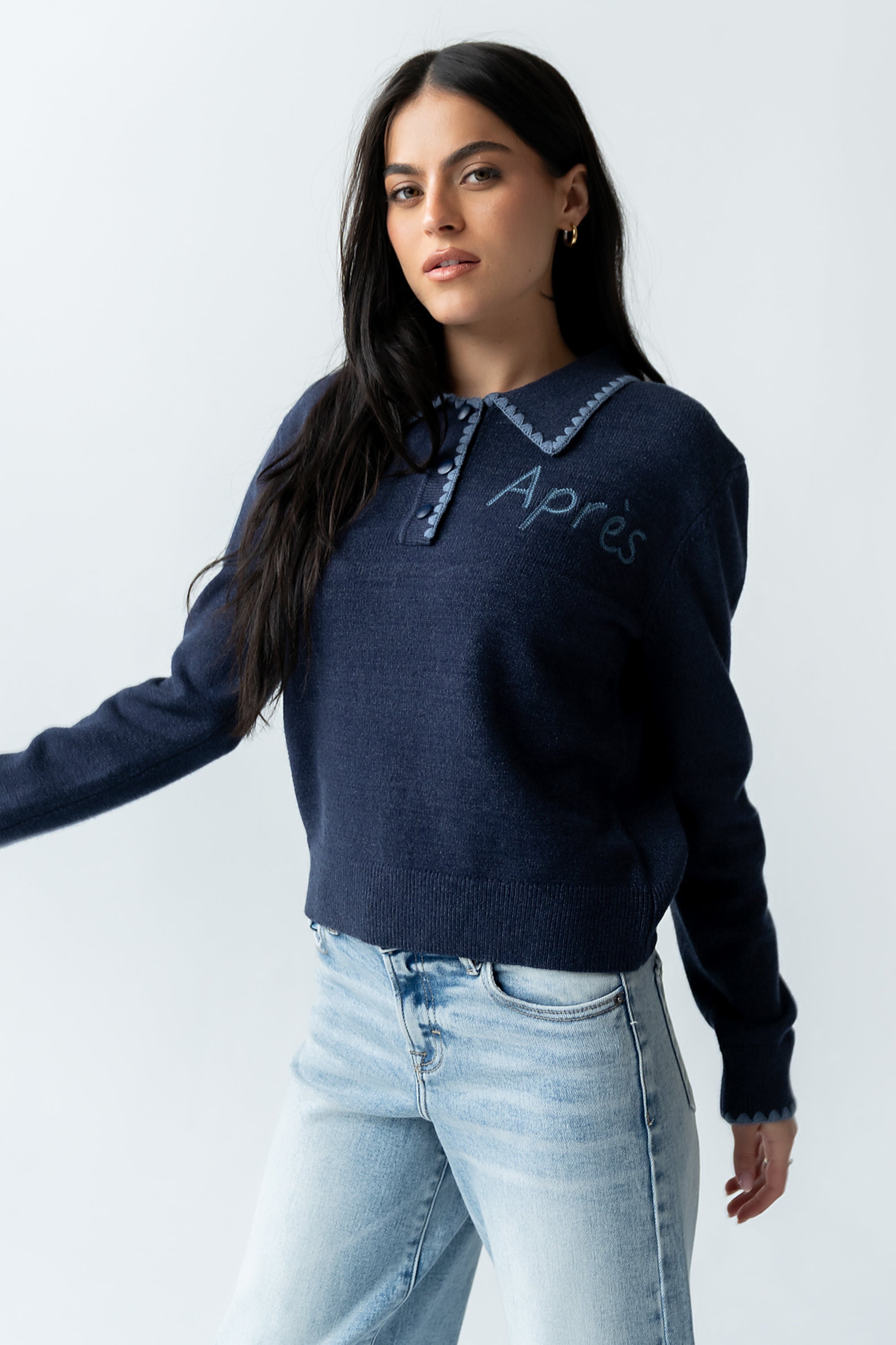 ボーダーズアットバルコニー ニット カシミヤ フレア ネイビー ジップ 希少 Apres Knit Sweater in Navy - FINAL SALE