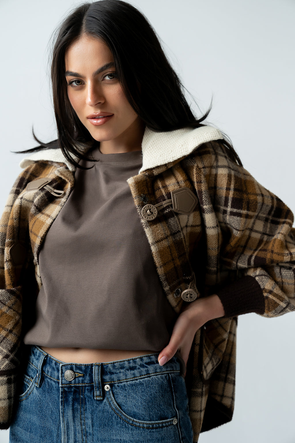 Gigi Plaid Jacket in Taupe