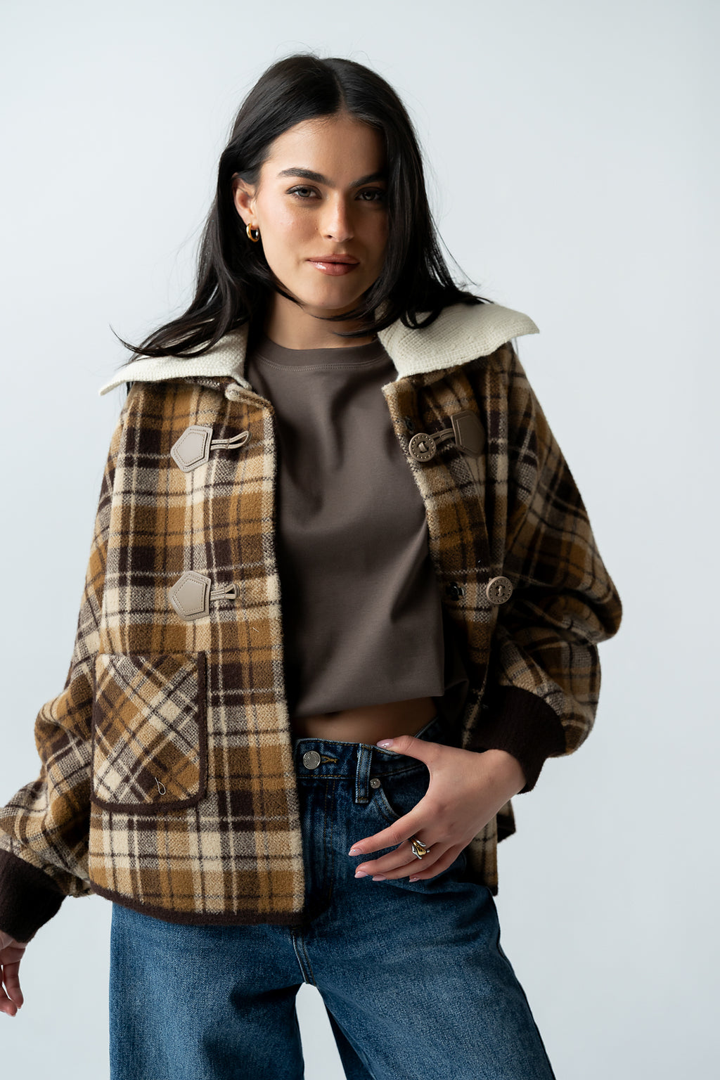 Gigi Plaid Jacket in Taupe