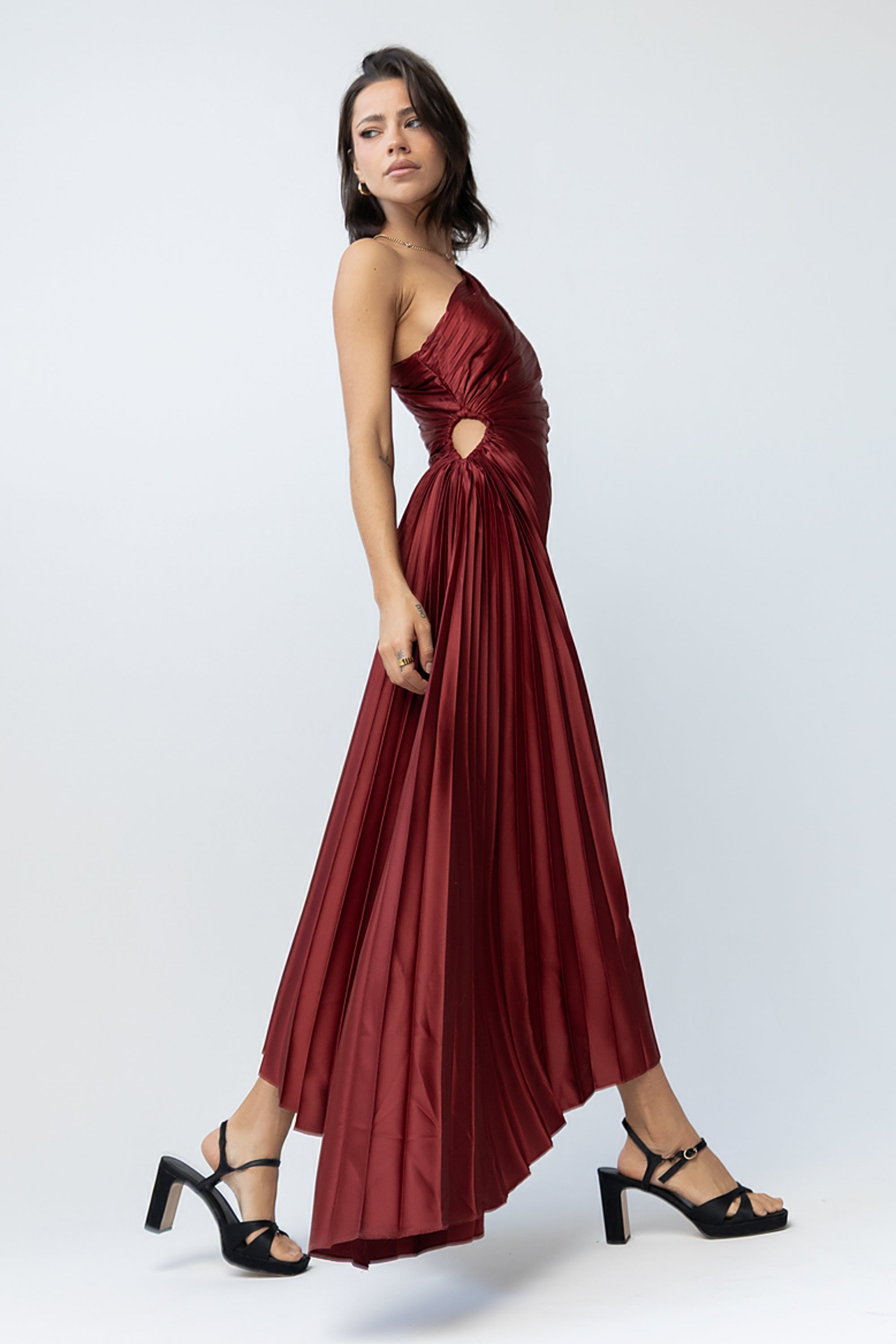 Asymmetrical Pleated Maxi Dress in Wine Asymmetrical Pleated Maxi Dress in Wine