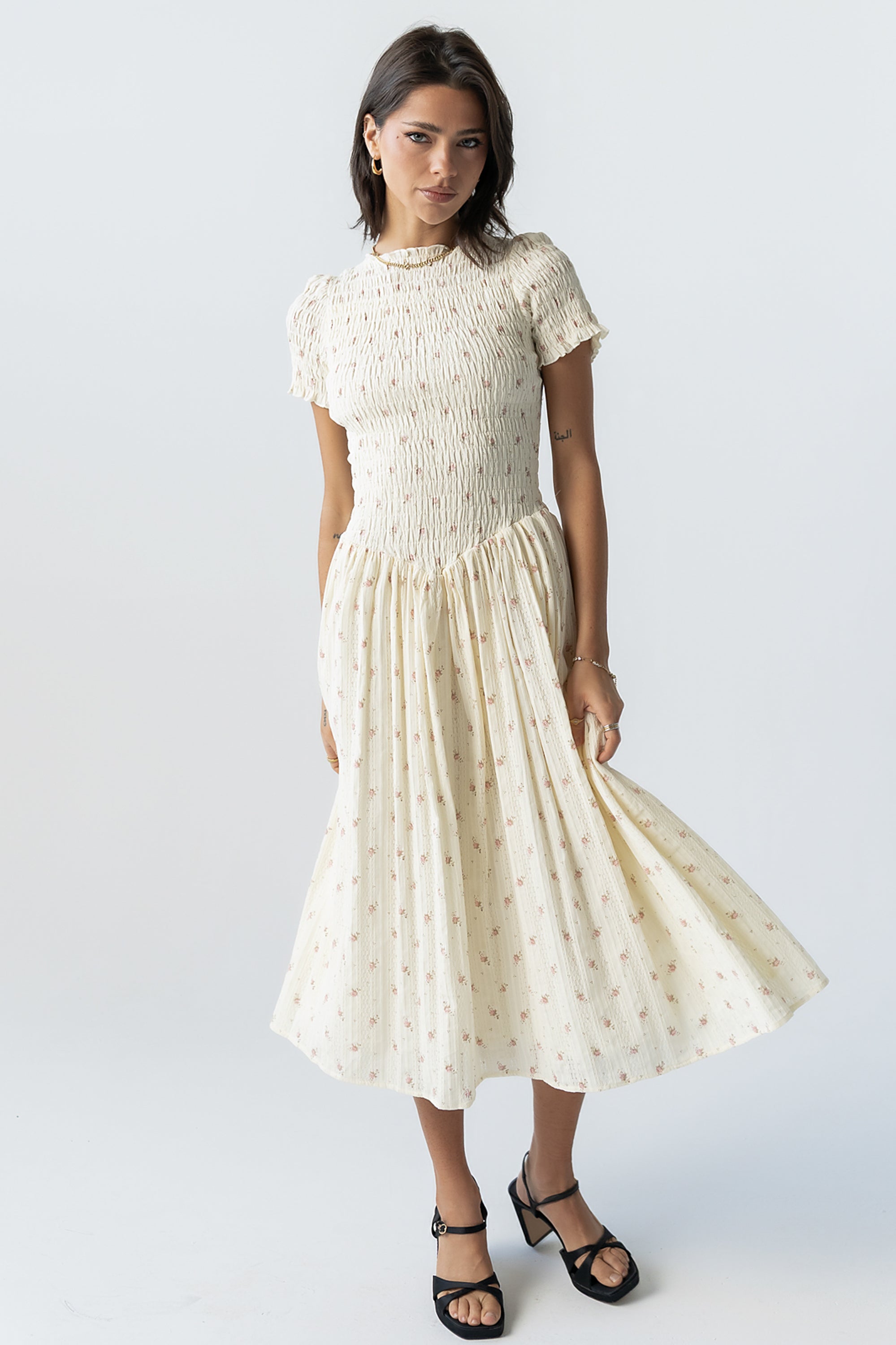bohme smocked tiered midi dress Smocked Tiered Midi Dress in Pink