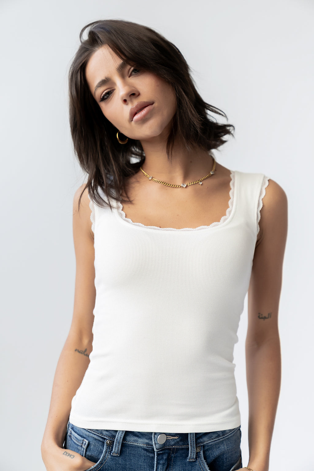 Sawyer Lace Trim Tank Top in White