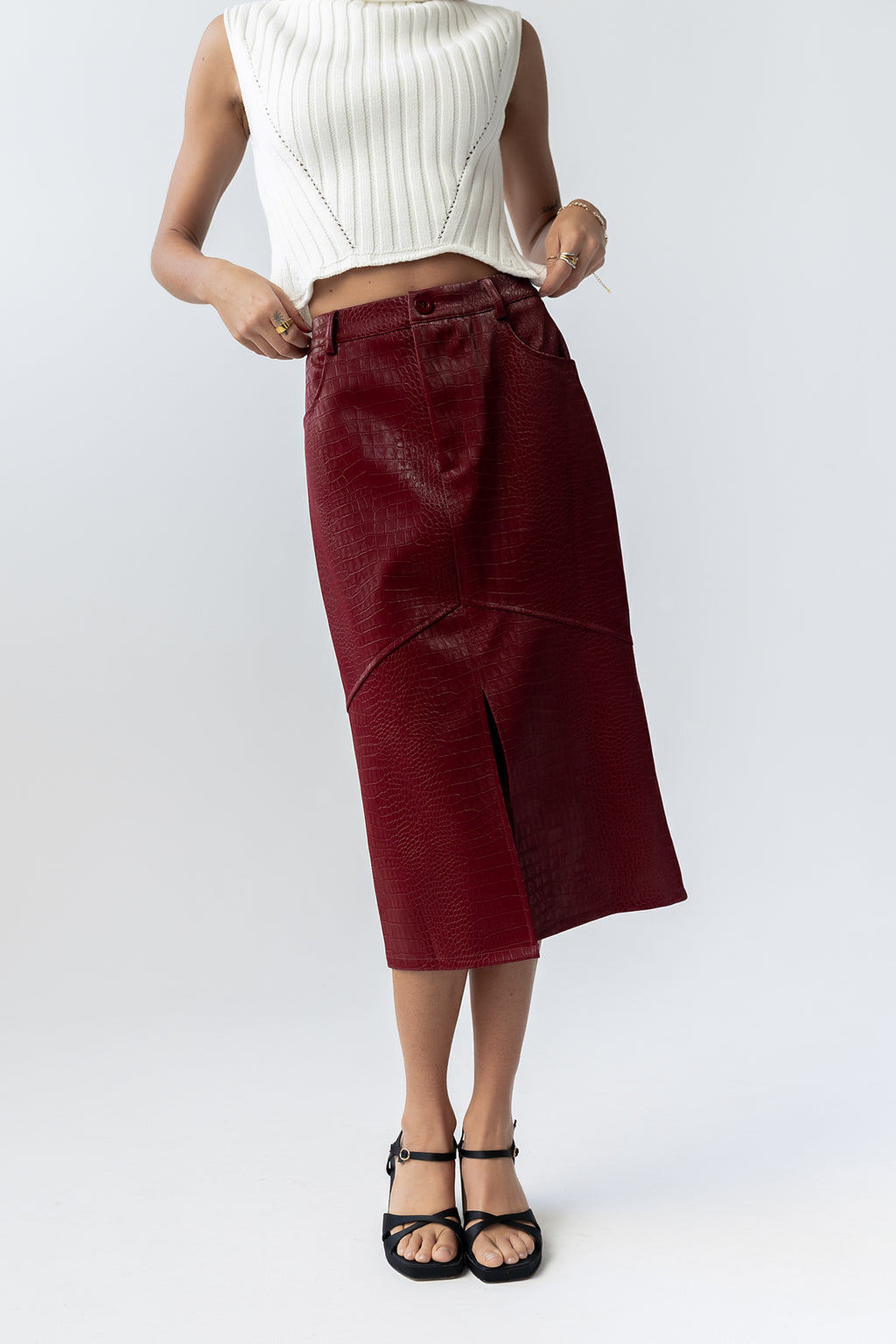 Walter Vegan Leather Midi Skirt in Wine
