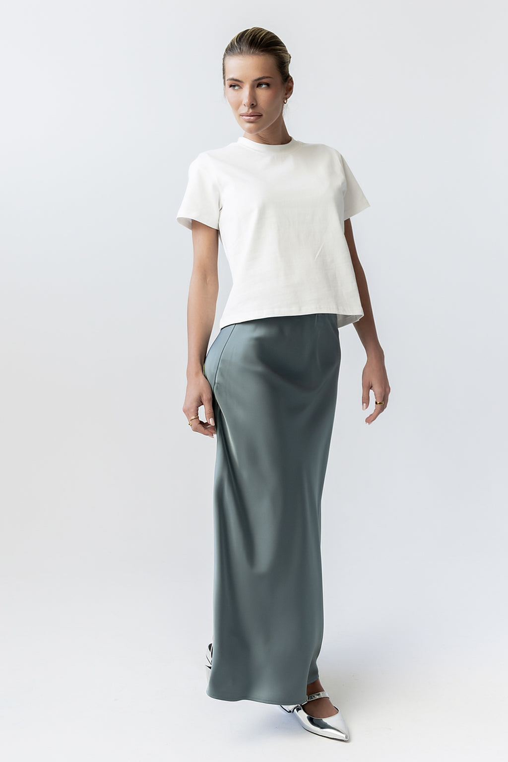 Tory Satin Maxi Skirt in Teal