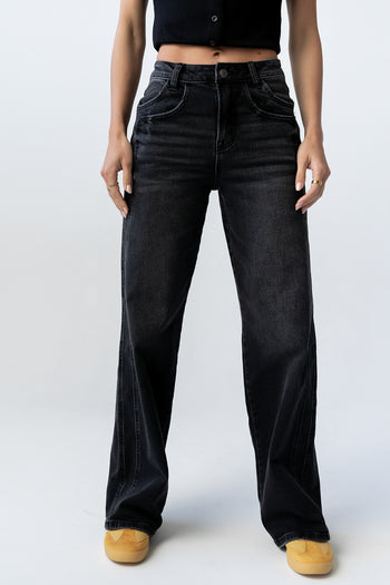 Jade Cuffed Wide Leg Jeans in Black