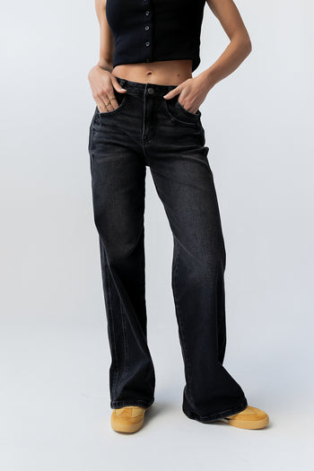 Jade Cuffed Wide Leg Jeans in Black
