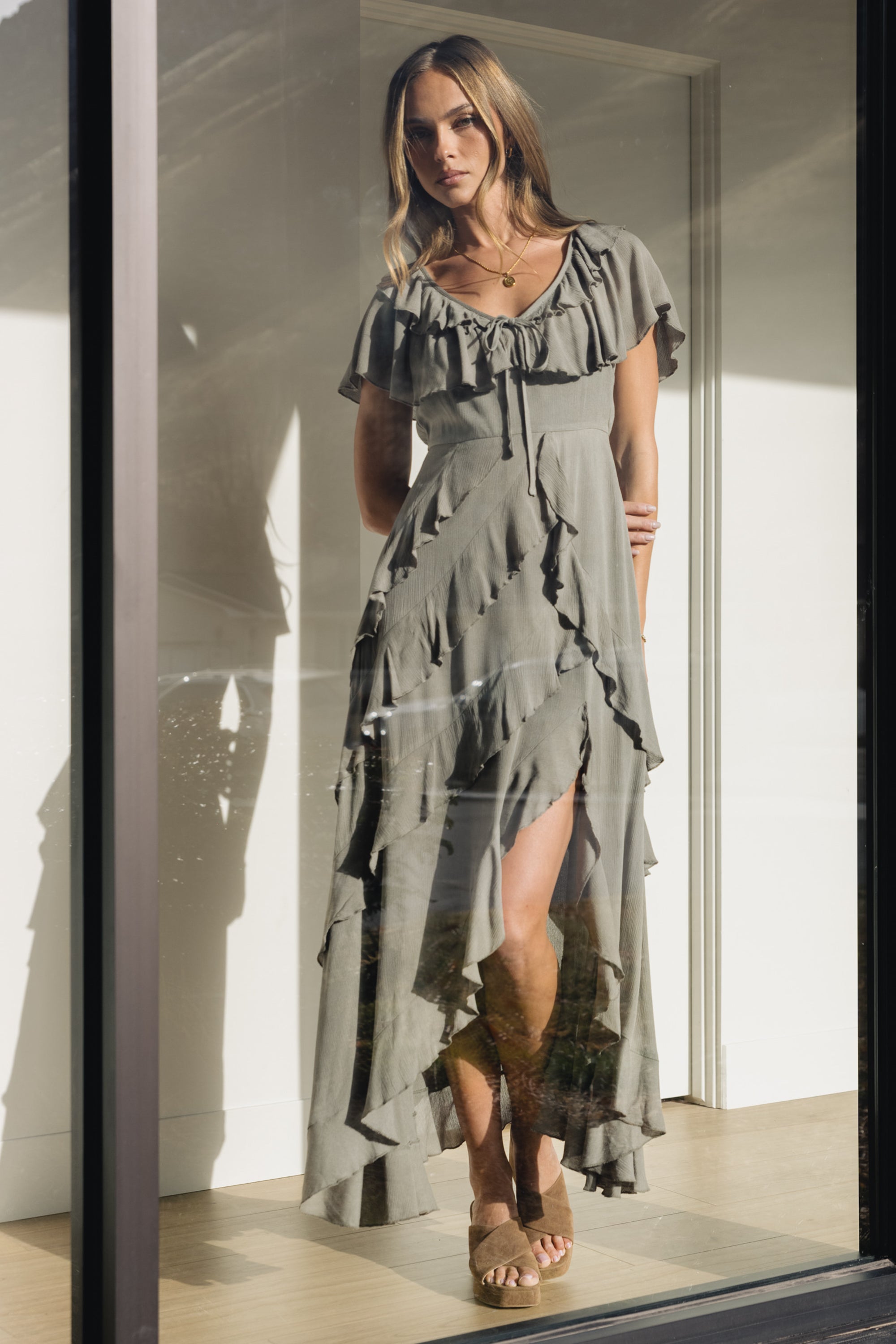 Kora Ruffle Maxi Dress in Olive - FINAL SALE