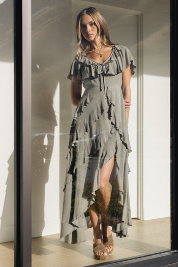 Kora Ruffle Maxi Dress in Olive