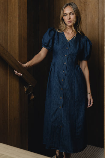 Conley Pinstripe Midi Dress in Medium Wash