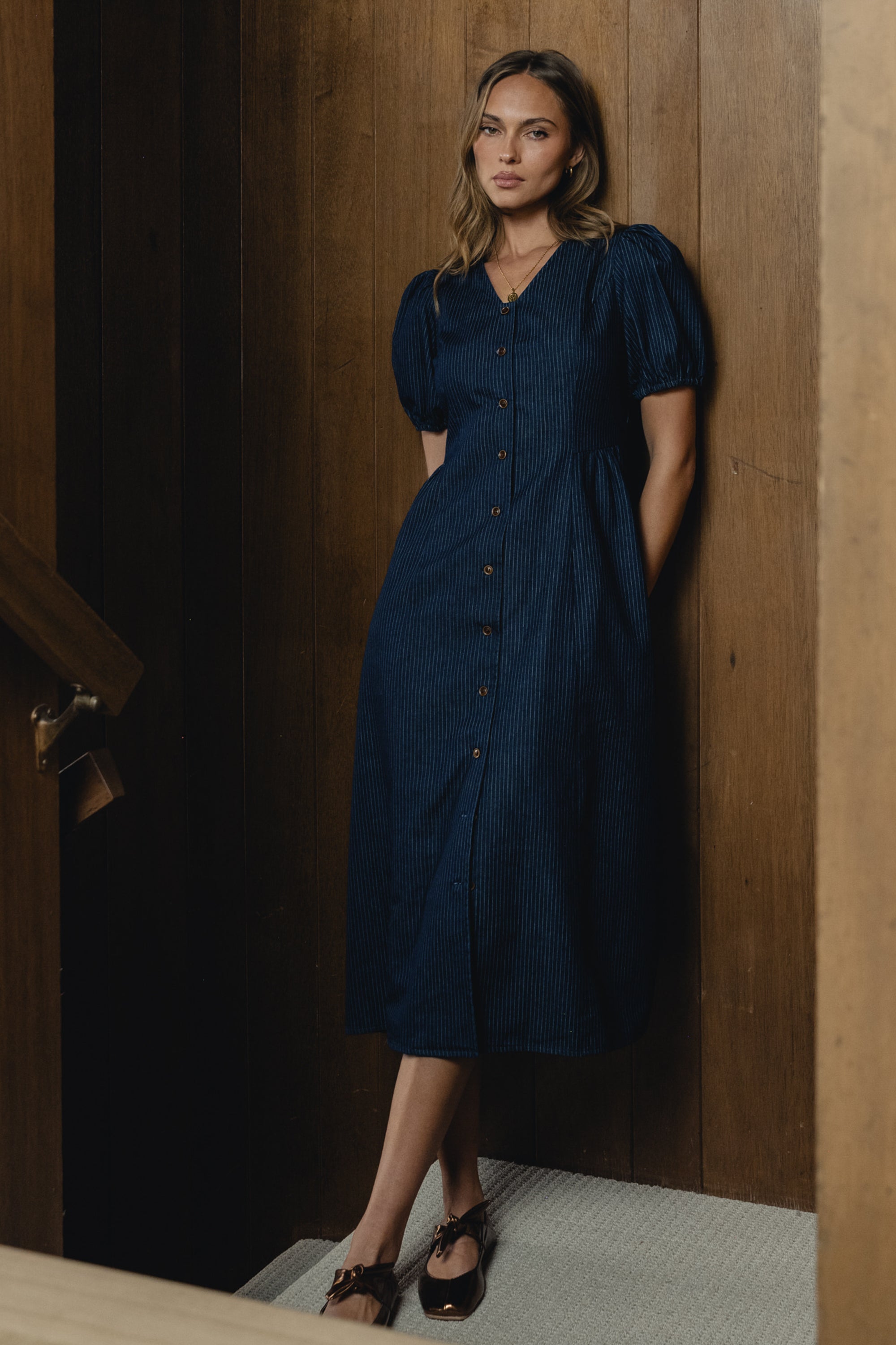 pinstripe dress midi Conley Pinstripe Midi Dress in Medium Wash