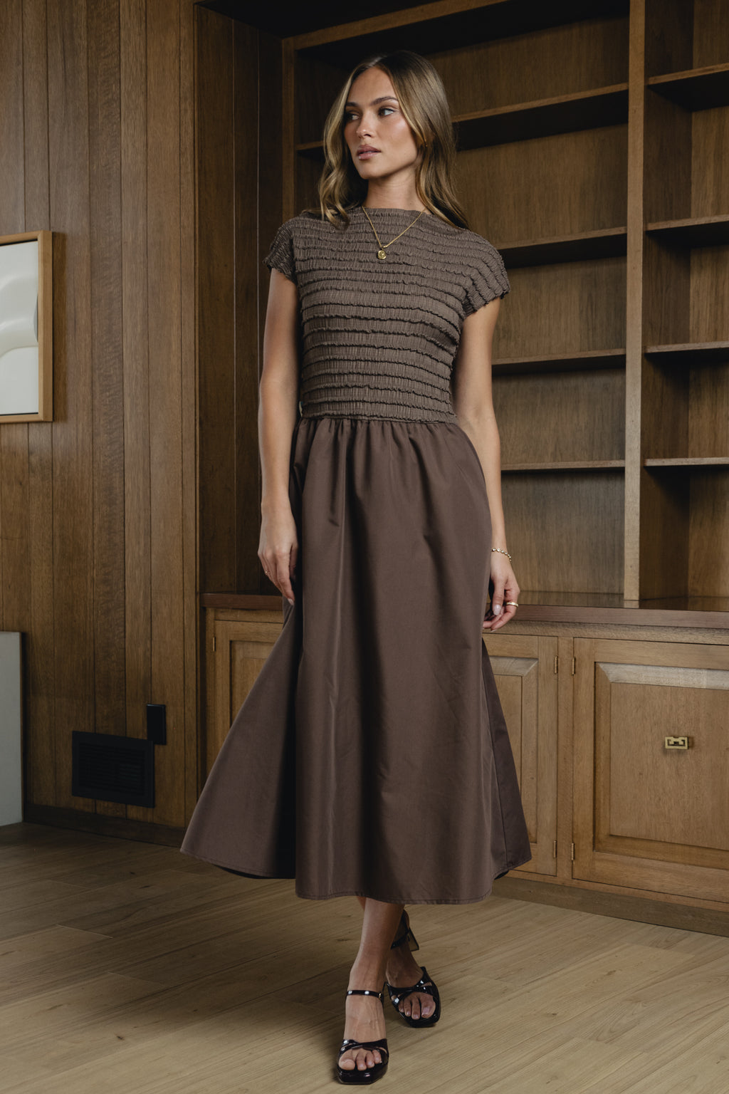 Lorie Mixed Media Maxi Dress in Brown Lorie Mixed Media Maxi Dress in Brown