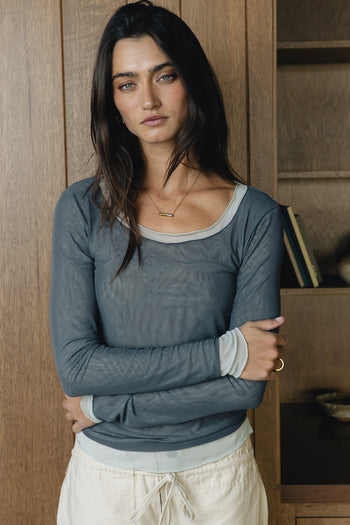 Lex Layered Mesh Top in Slate Blue