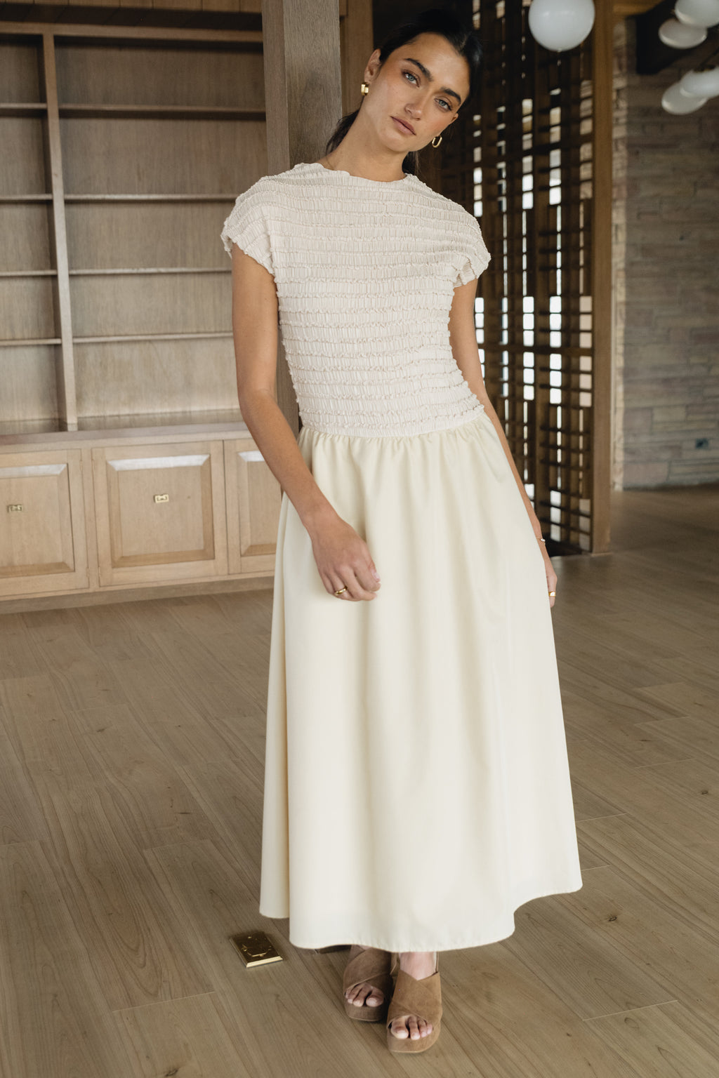 Lorie Mixed Media Maxi Dress in Natural Lorie Mixed Media Maxi Dress in Natural