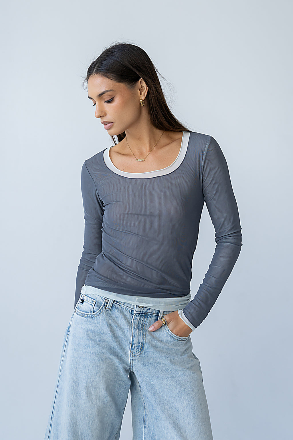 Lex Layered Mesh Top in Slate Blue