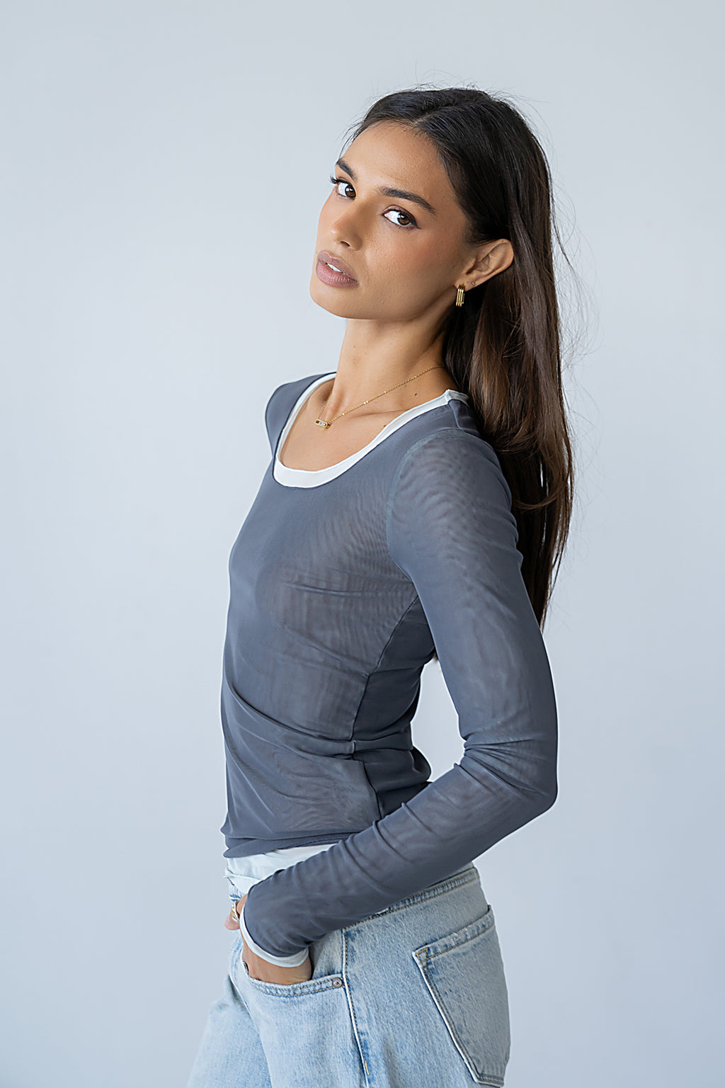 Lex Layered Mesh Top in Slate Blue