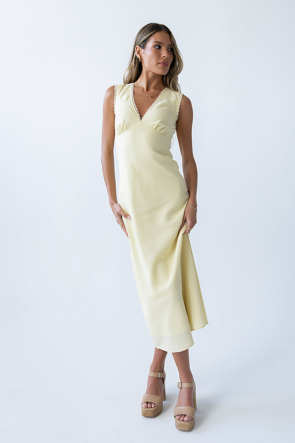 Hailey Lace Trim Maxi Dress in Yellow Hailey Lace Trim Maxi Dress in Yellow