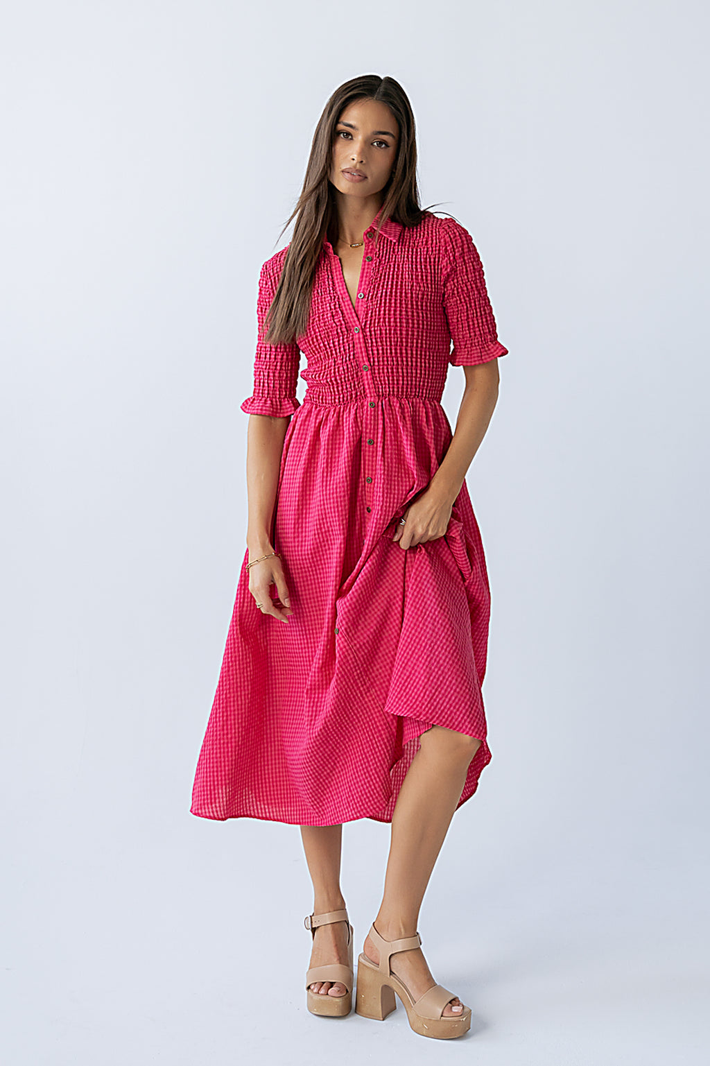 Jonas Gingham Midi Dress in Pink - FINAL SALE