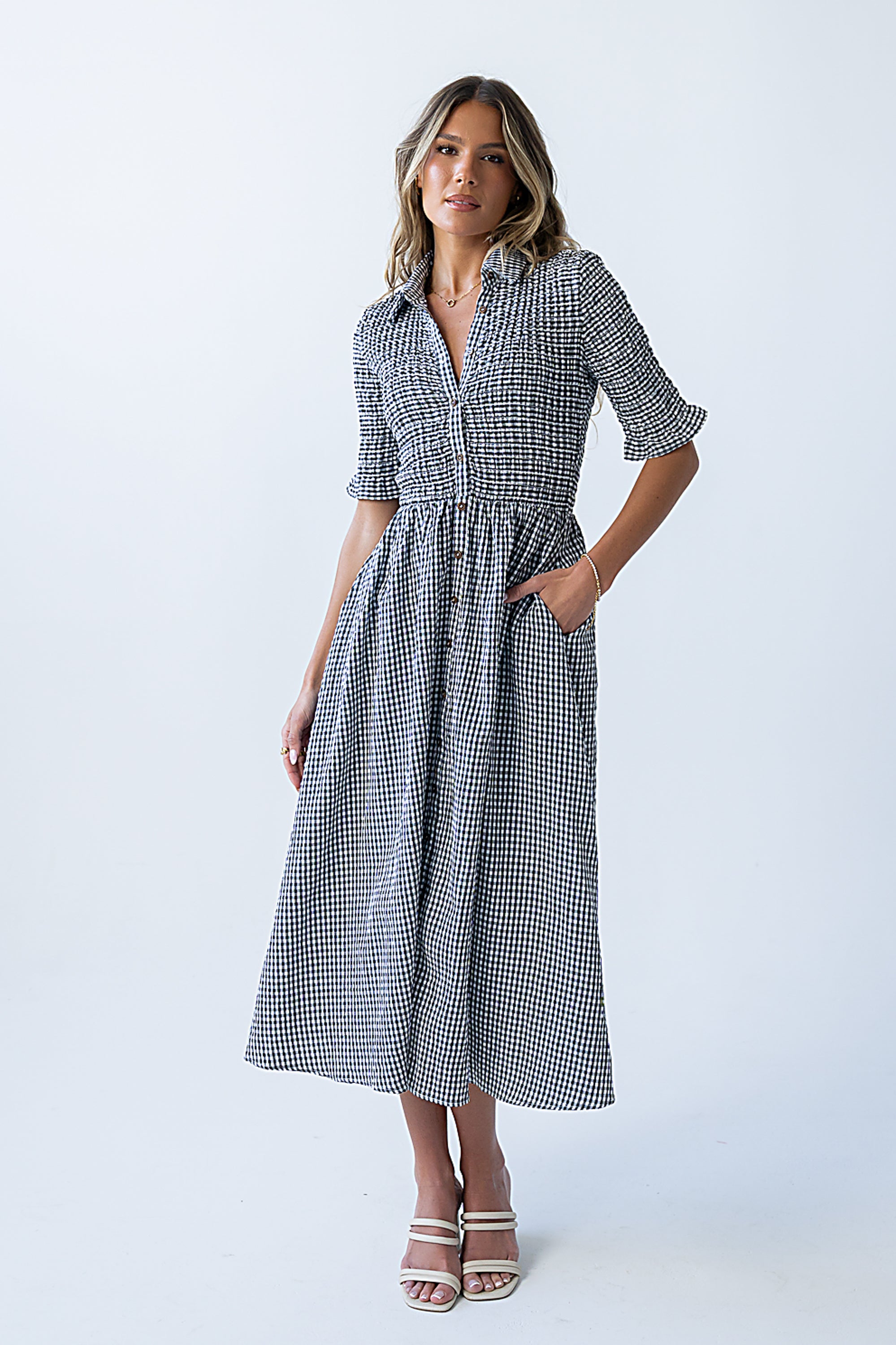 gingham midi dress short sleeve Jonas Gingham Midi Dress in Black