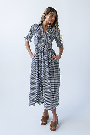Jonas Gingham Midi Dress in Black