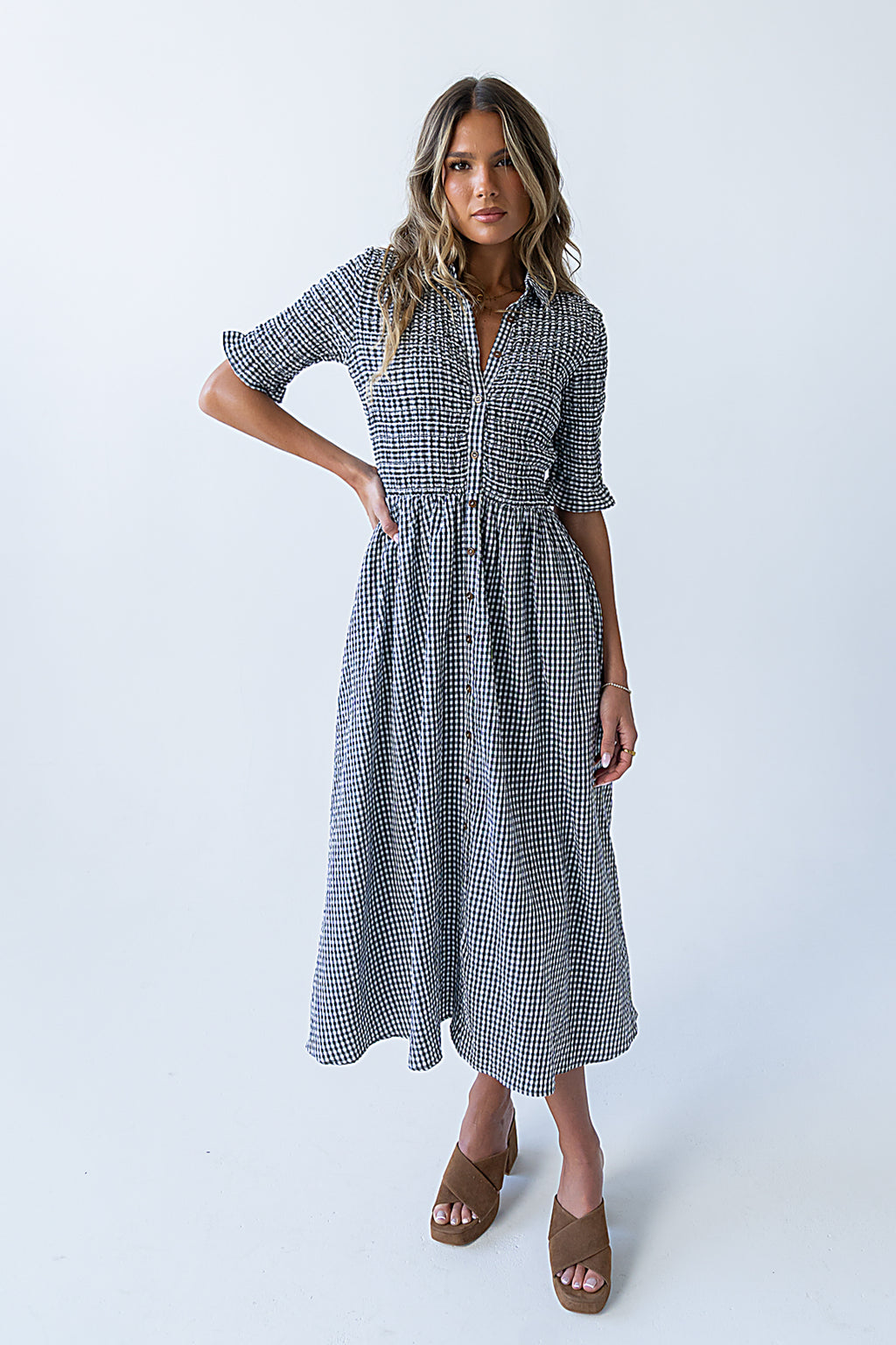 Jonas Gingham Midi Dress in Black