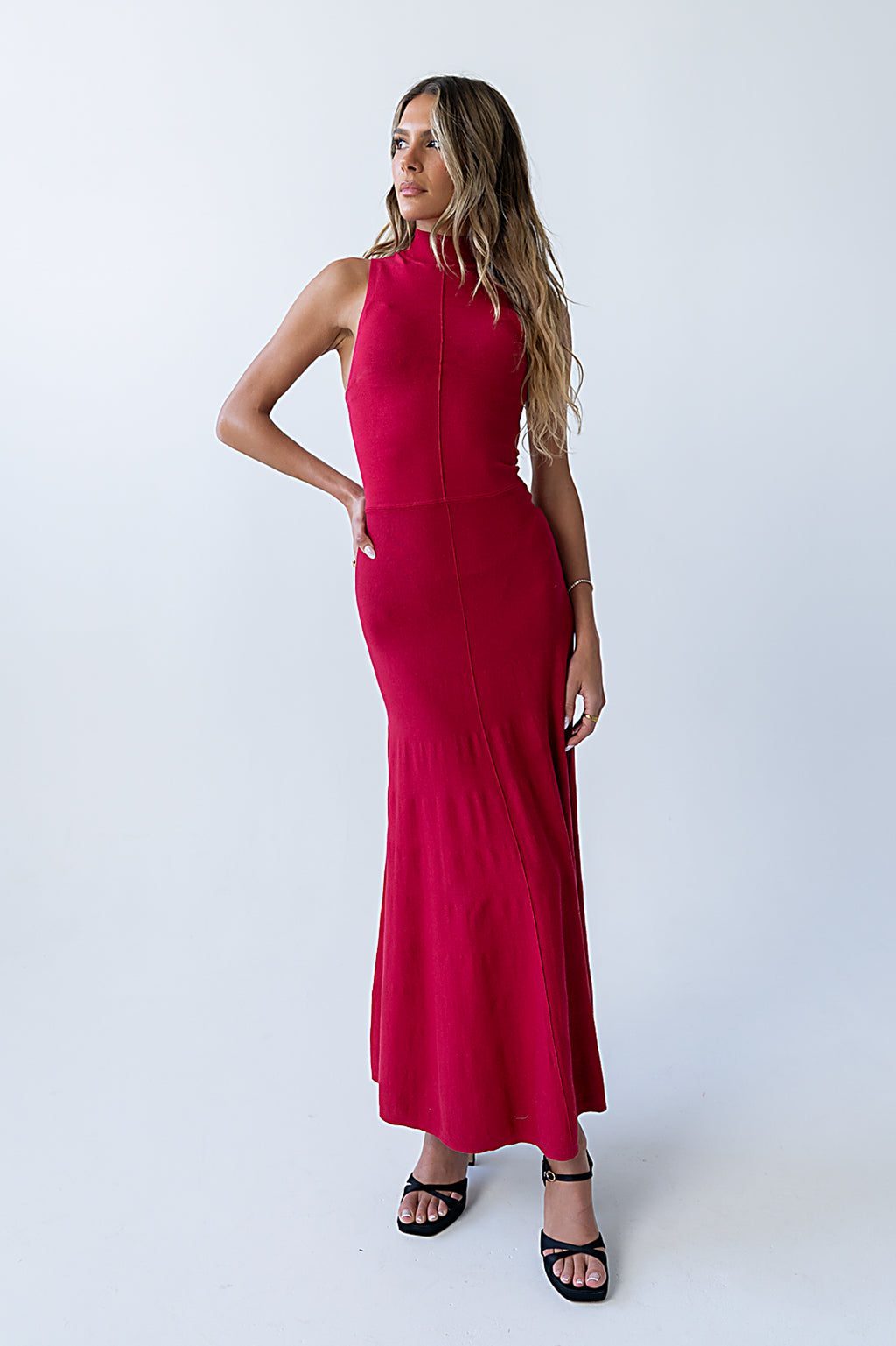 sleeveless mock neck maxi dress Sleeveless Mock Neck Maxi Dress Chocolate / M