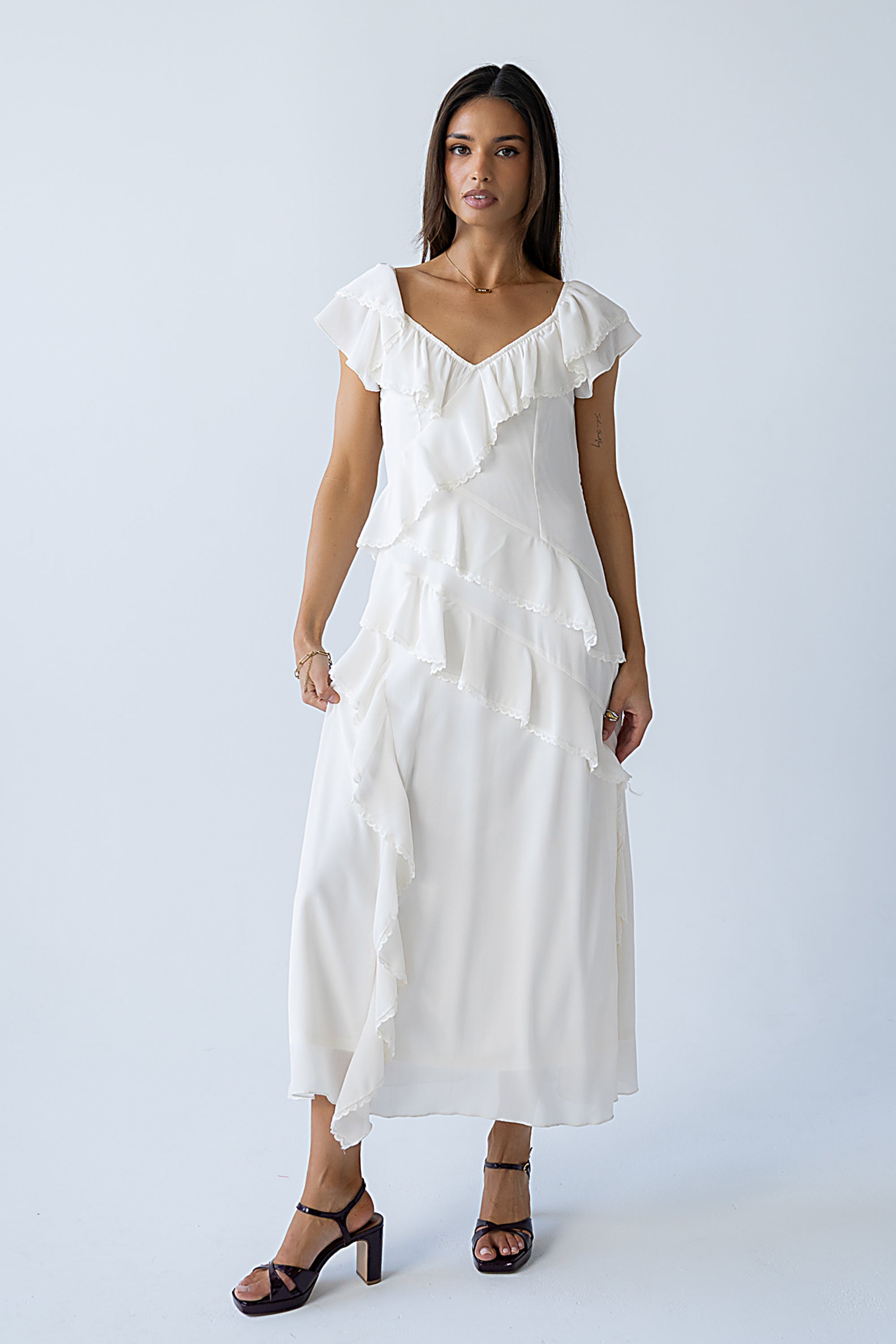 ruffle long dress böhme Quinton Ruffle Maxi Dress in Cream