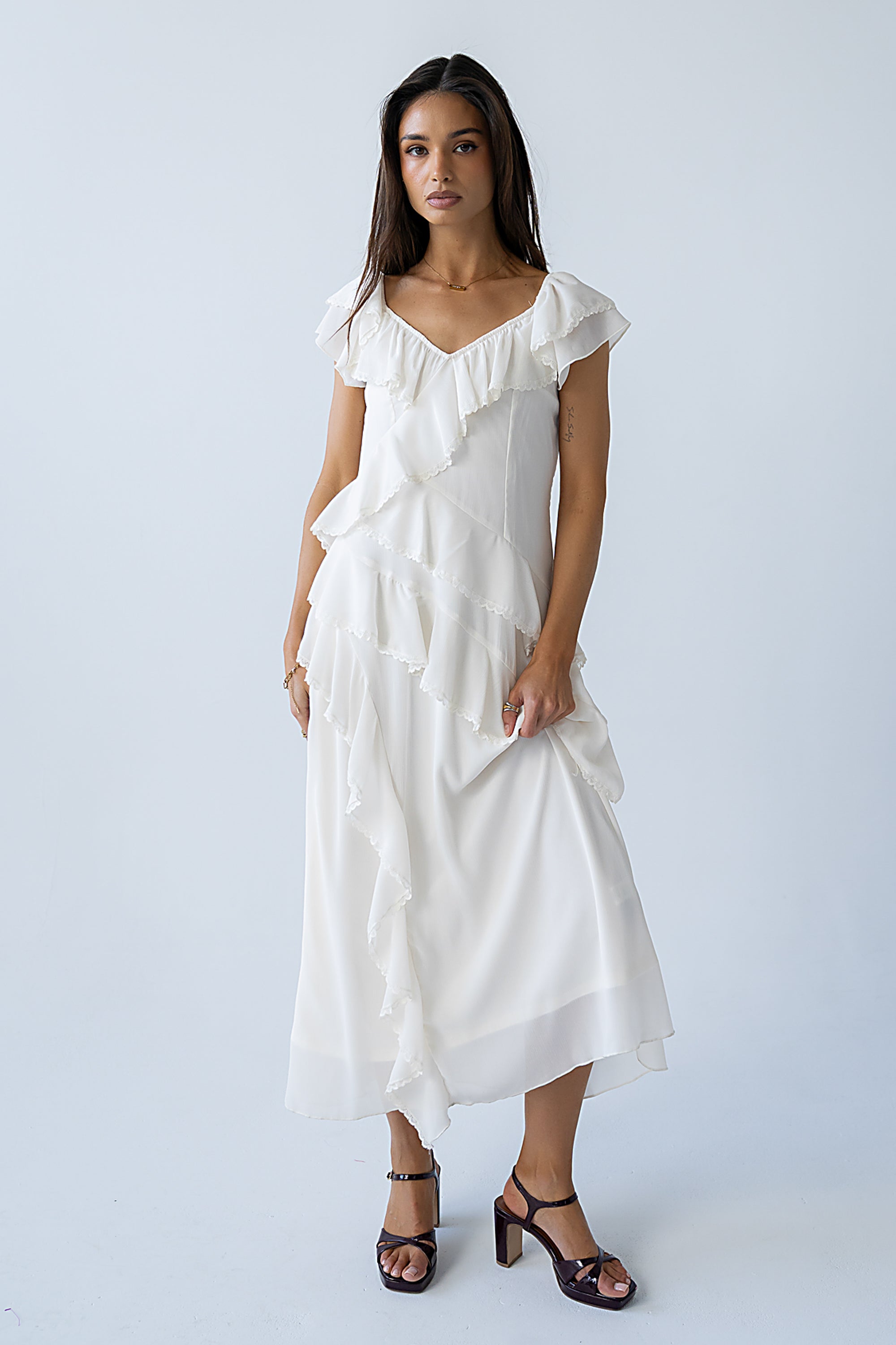 bhme Quinton Ruffle Maxi Dress in Cream - Size Large, Non Stretch Material bhme Quinton Ruffle Maxi Dress in Cream - Size Large, Non Stretch Material