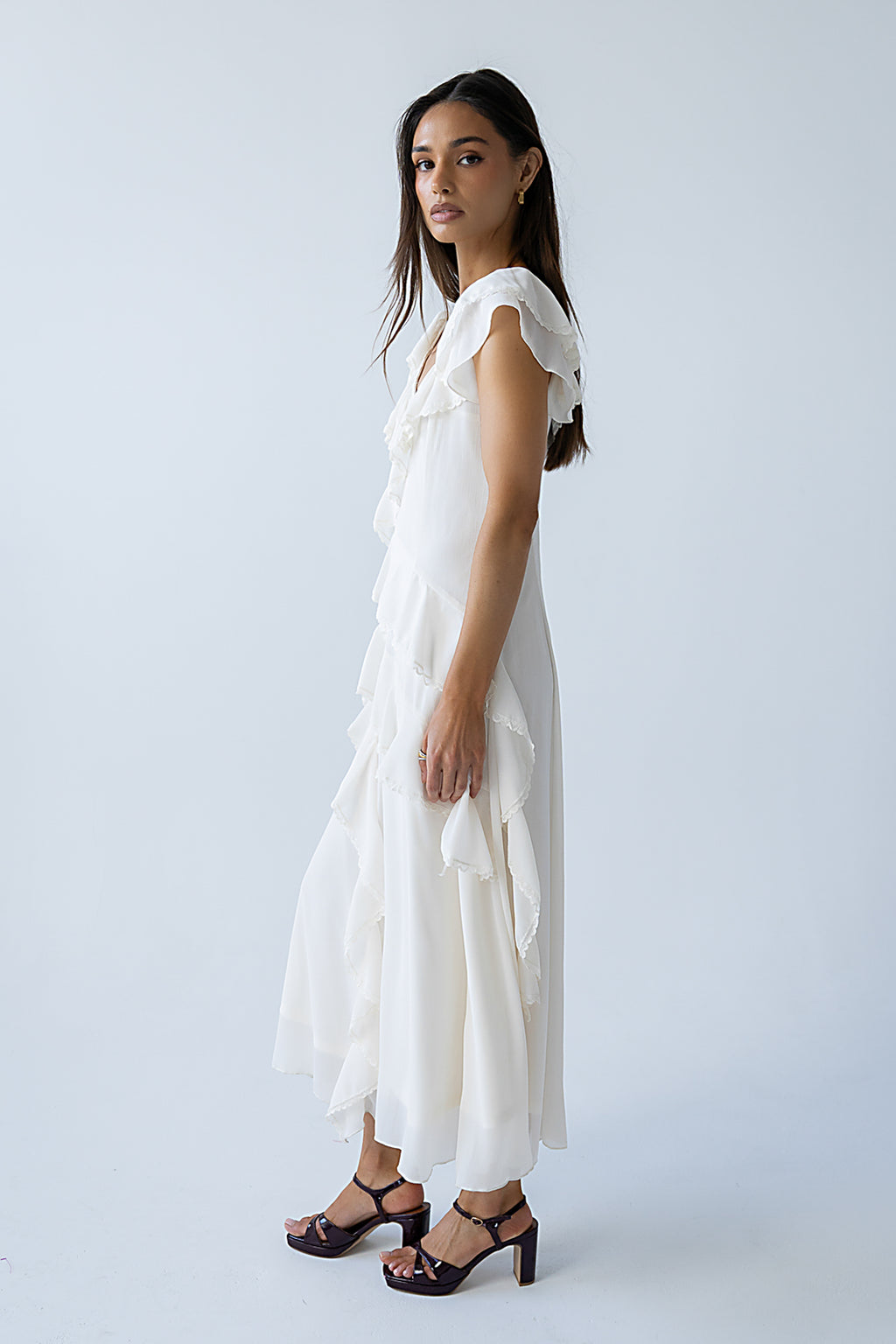 white ruffle dress long Quinton Ruffle Maxi Dress in Cream