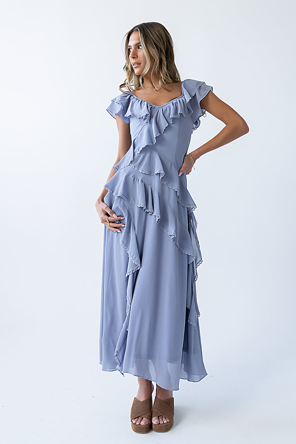 Quinton Ruffle Maxi Dress in Blue
