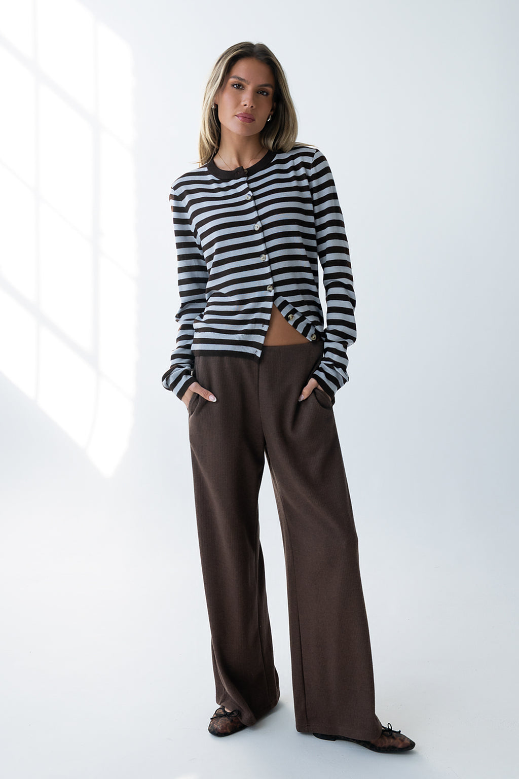 Ronda Ribbed Wide Leg Pants in Brown