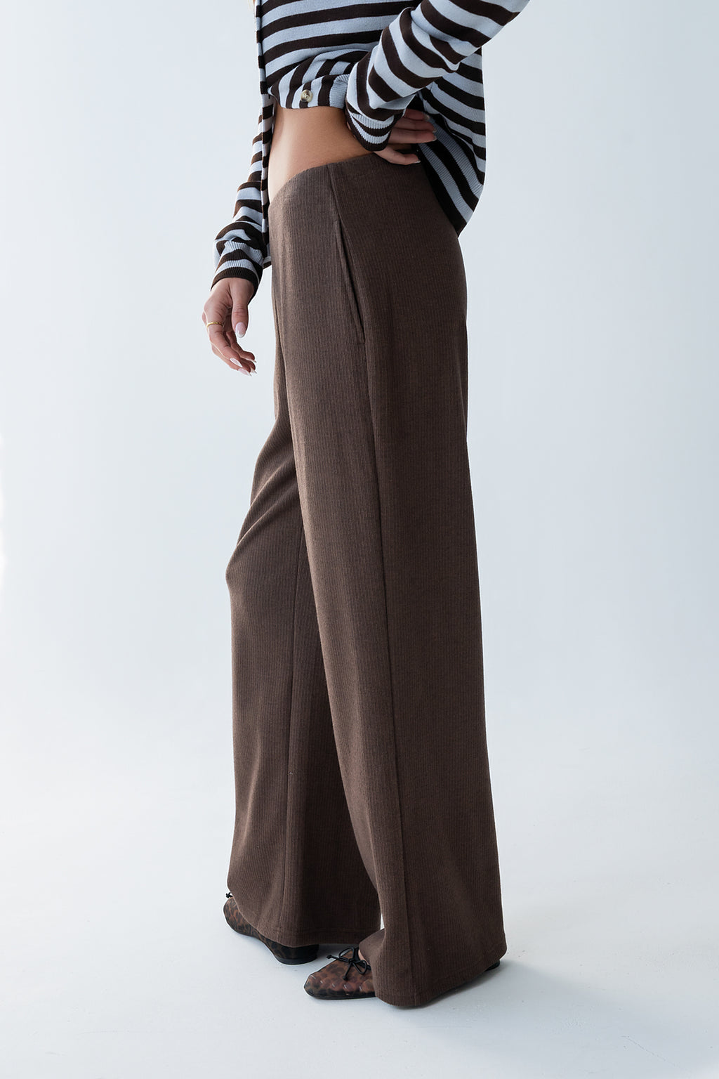 Ronda Ribbed Wide Leg Pants in Brown