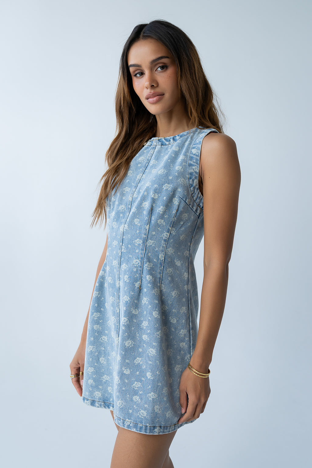 denim dress with white flowers Sleeveless Floral Denim Mini Dress
