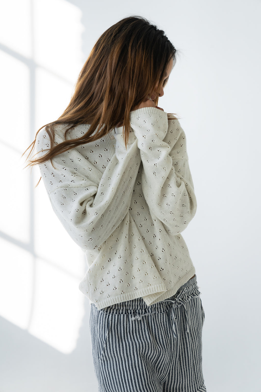 Margot Pointelle Sweater in Heather White - FINAL SALE