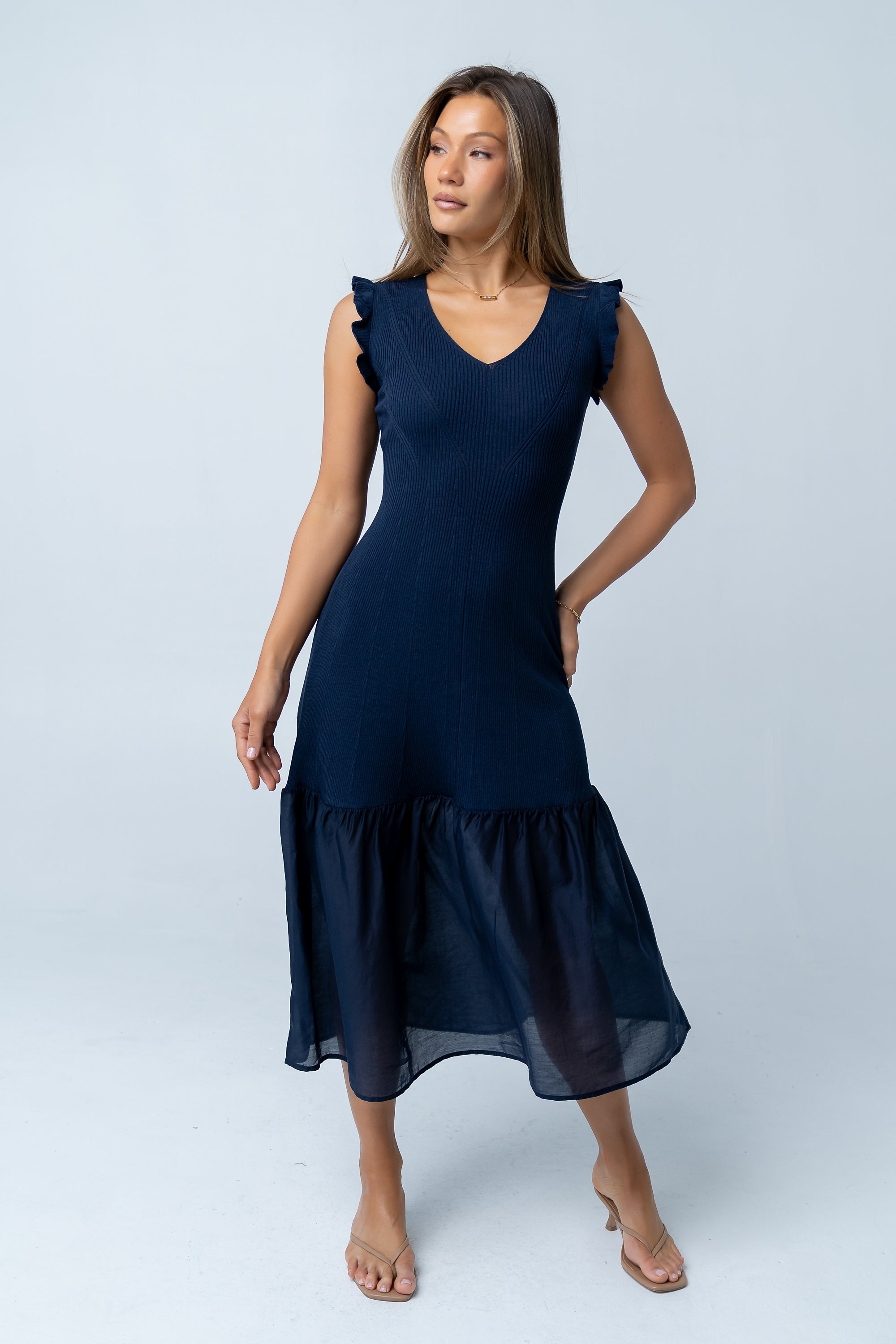 böhme Lara Ribbed Midi Dress in Navy