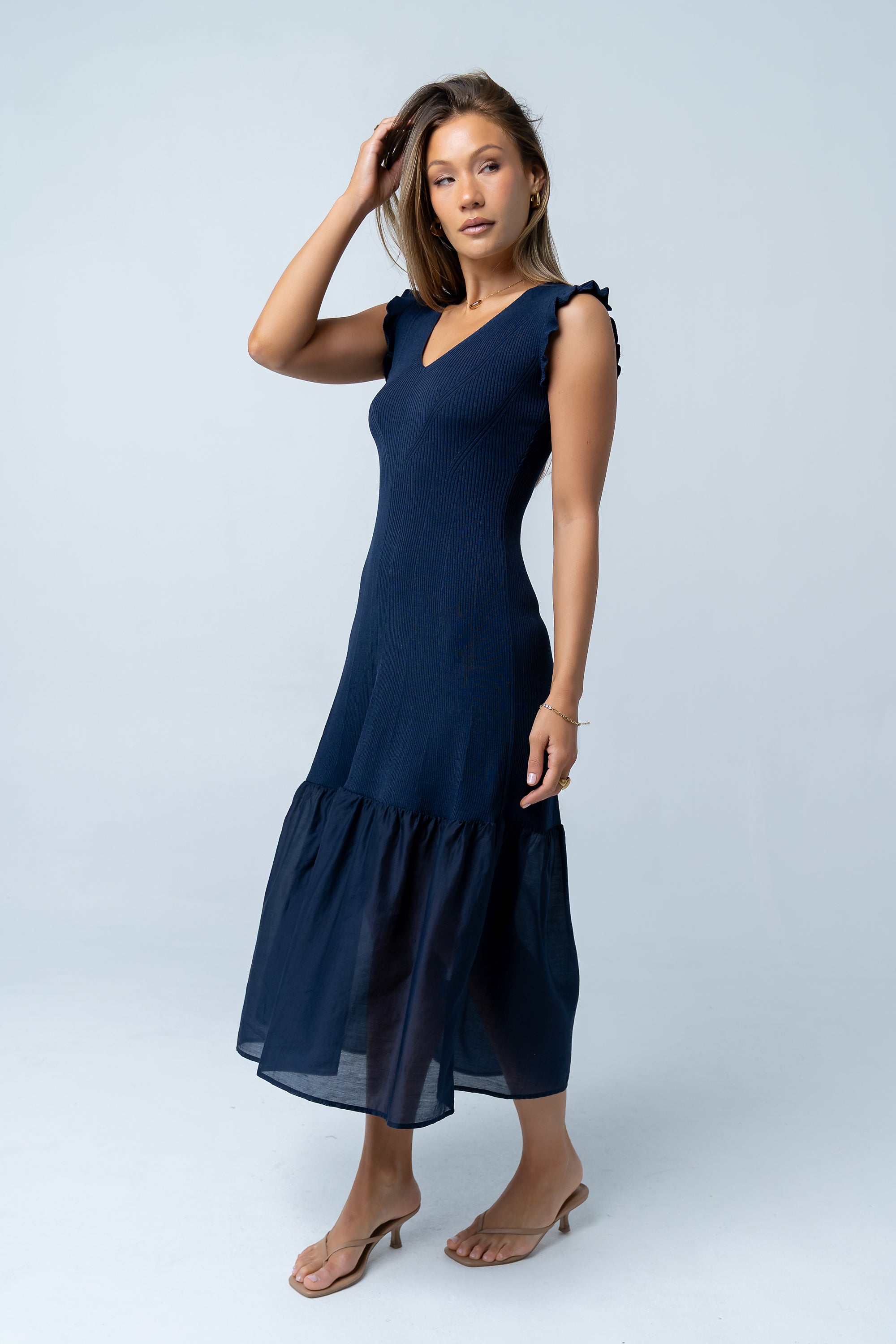 Lara Ribbed Midi Dress in Navy L / Navy